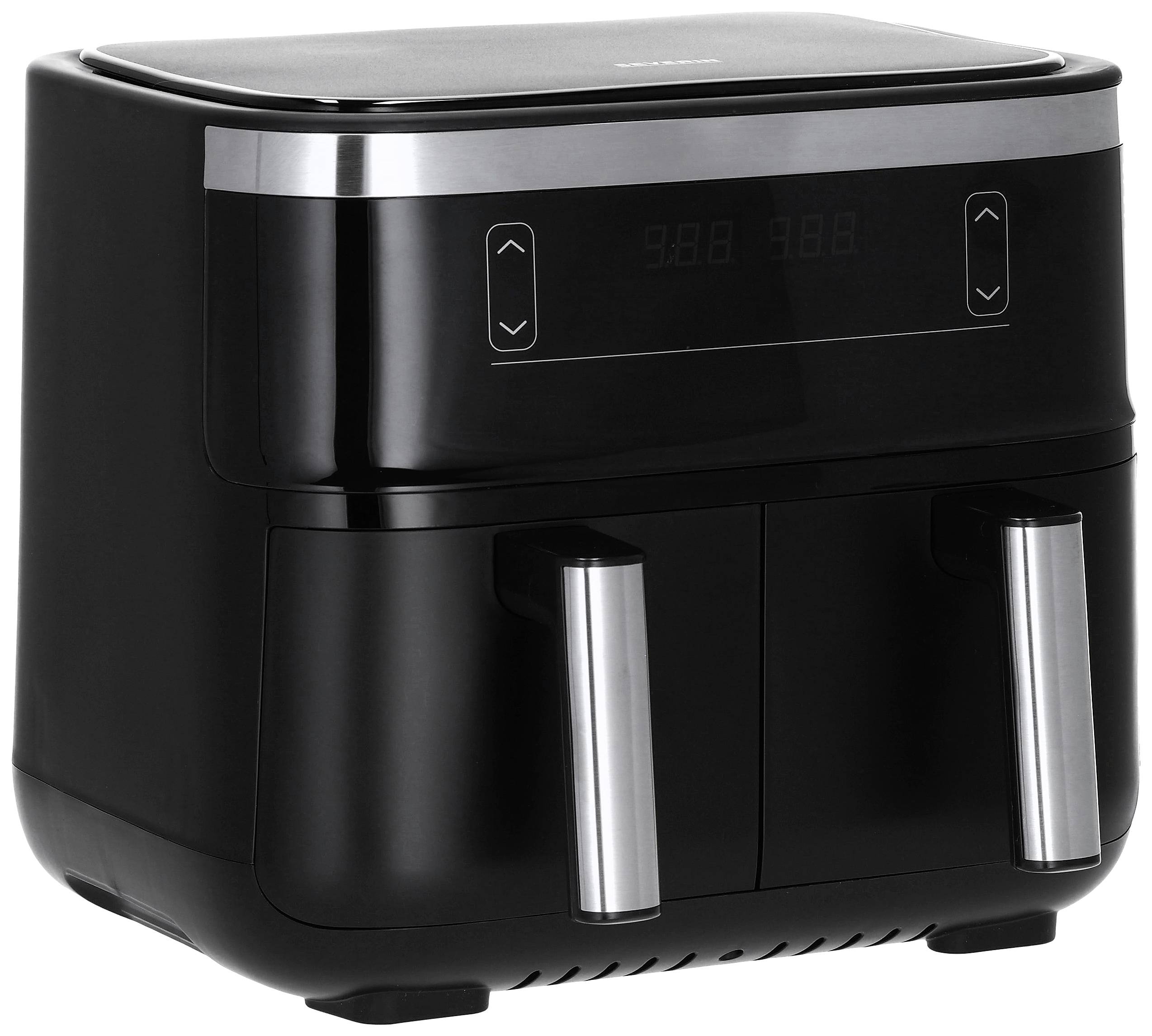 Eine schwarze Heißluftfritteuse mit digitalem Bedienfeld und zwei herausnehmbaren Körben, ideal für fettfreies Frittieren.