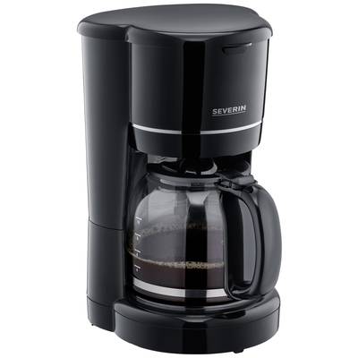Kaffeemaschine in Schwarz mit Glaskanne, halbvoll mit frischem Kaffee.