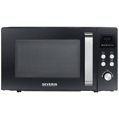 Schwarze Mikrowelle mit digitalem Display und mehreren Bedienknöpfen auf der rechten Seite. Marke 'Severin'.