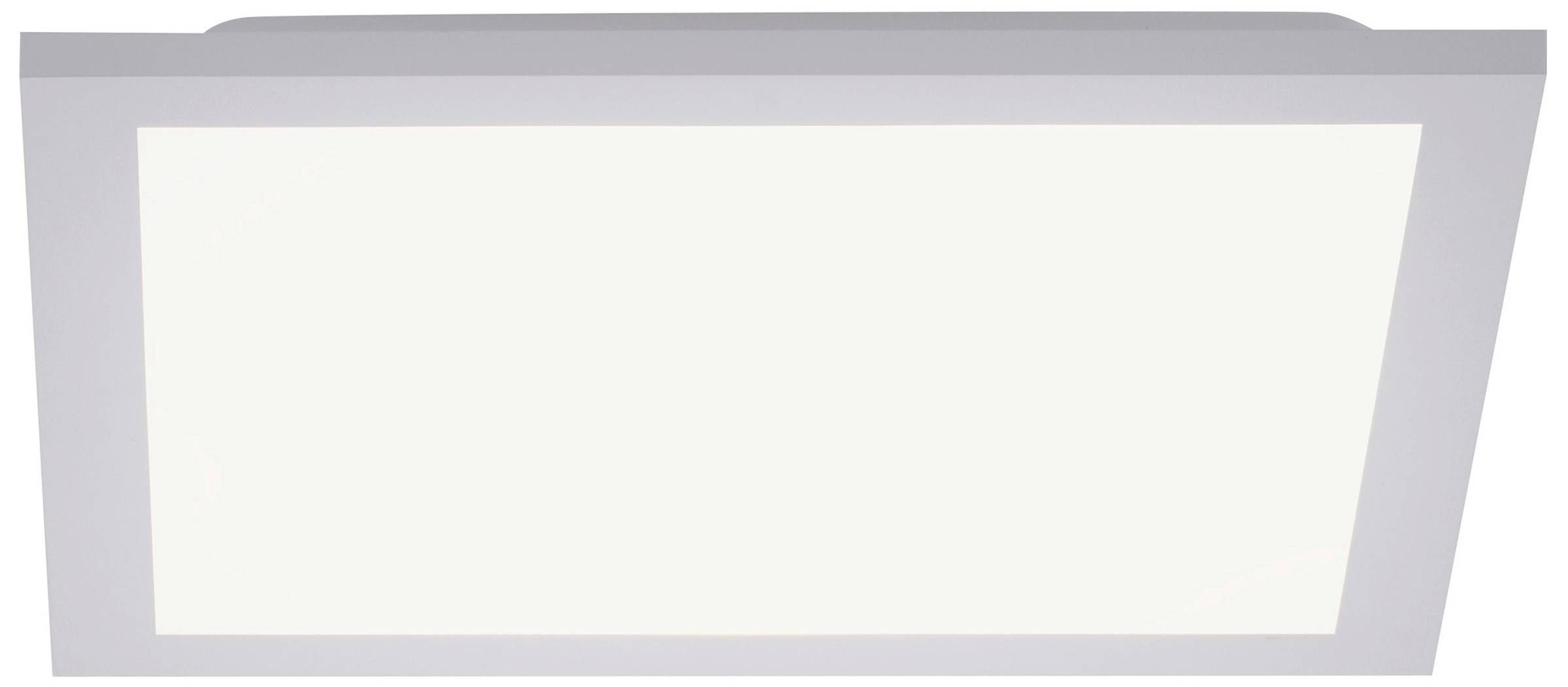 Rechteckige LED-Paneelleuchte mit weißem Rahmen, leuchtet gleichmäßig. Geeignet für Deckenmontage in Innenräumen.