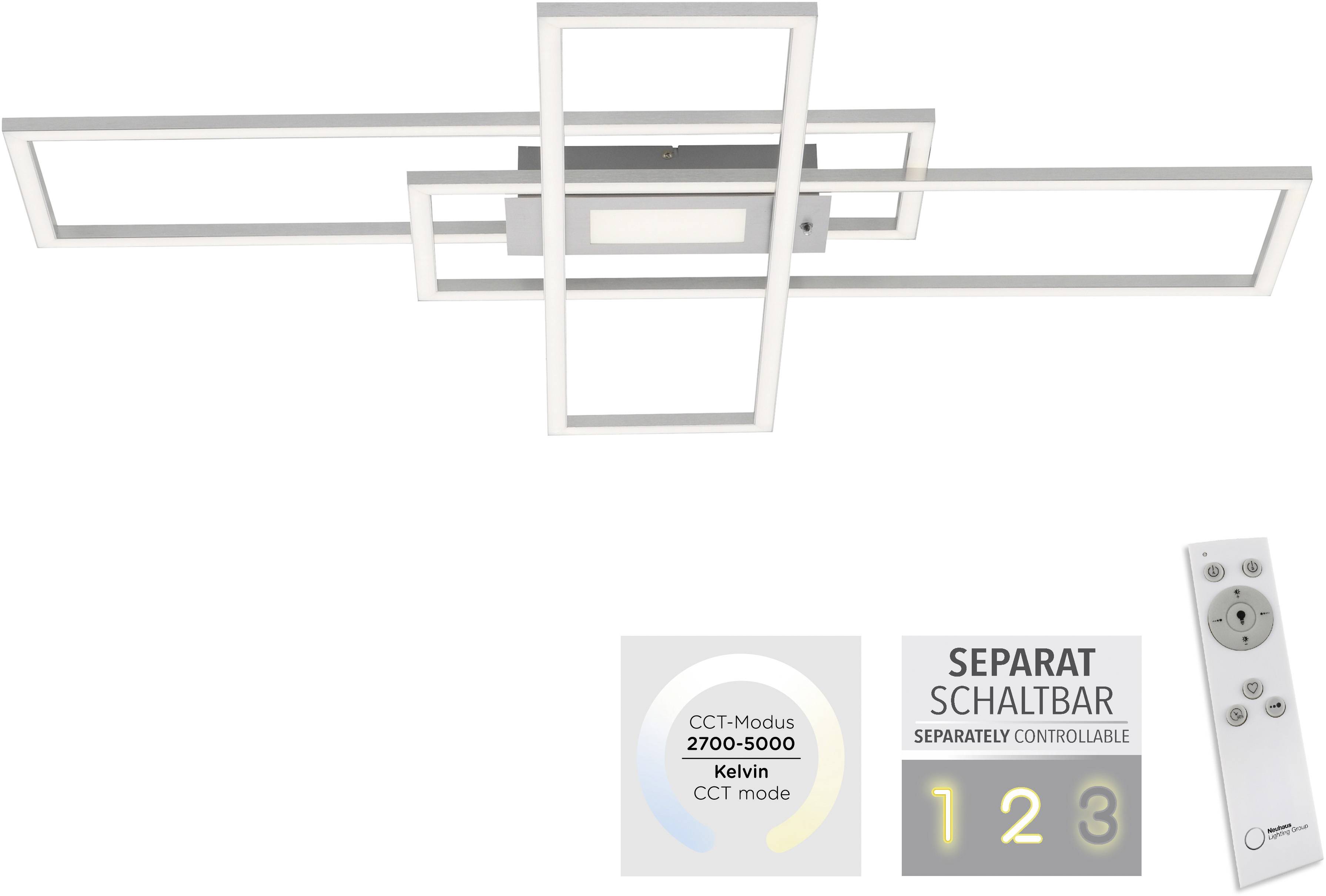'Moderne Deckenleuchte mit geometrischem Design. Steuerbar per Fernbedienung, CCT-Modus von 2700-5000 Kelvin, separat schaltbar.'