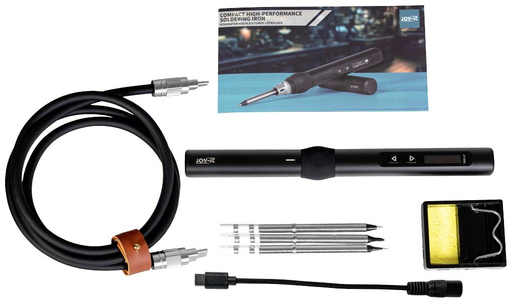 Lötkolben-Set mit Kabel, Lötkolben, verschiedenen Spitzen, Schwamm und Verpackung mit dem Text 'Compact High-Performance Soldering Iron'.