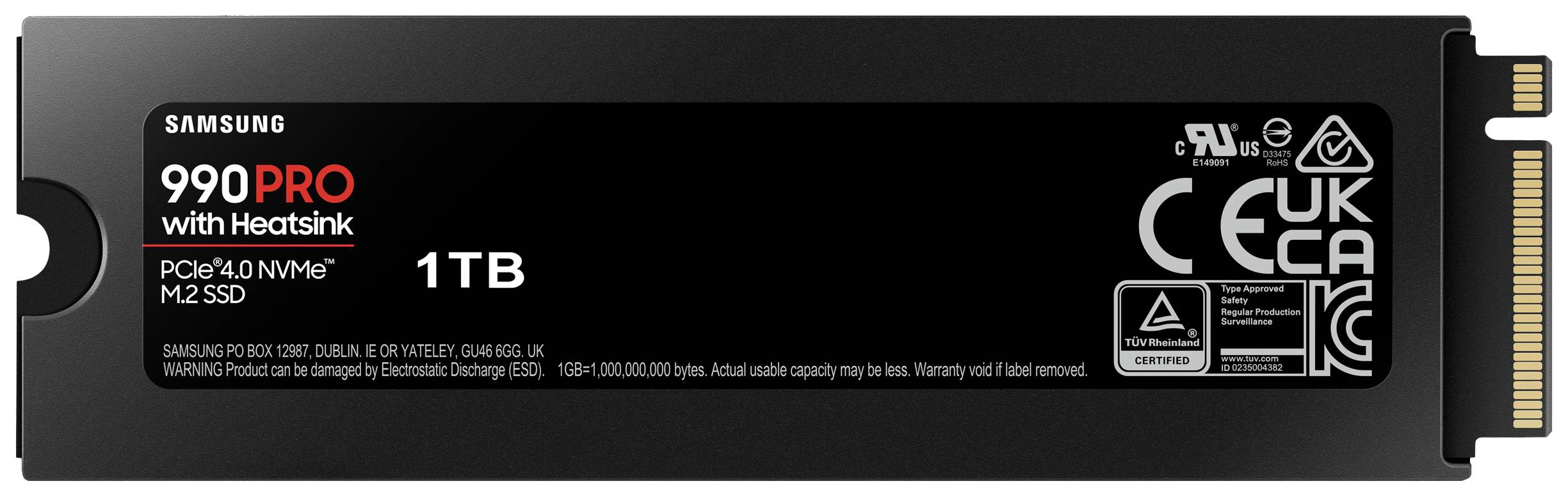 'Samsung 990 PRO M.2 SSD mit Kühlkörper, PCIe 4.0 NVMe, 1TB.' Hauptmerkmal ist der Speicher mit hoher Leistung und Kühlung.