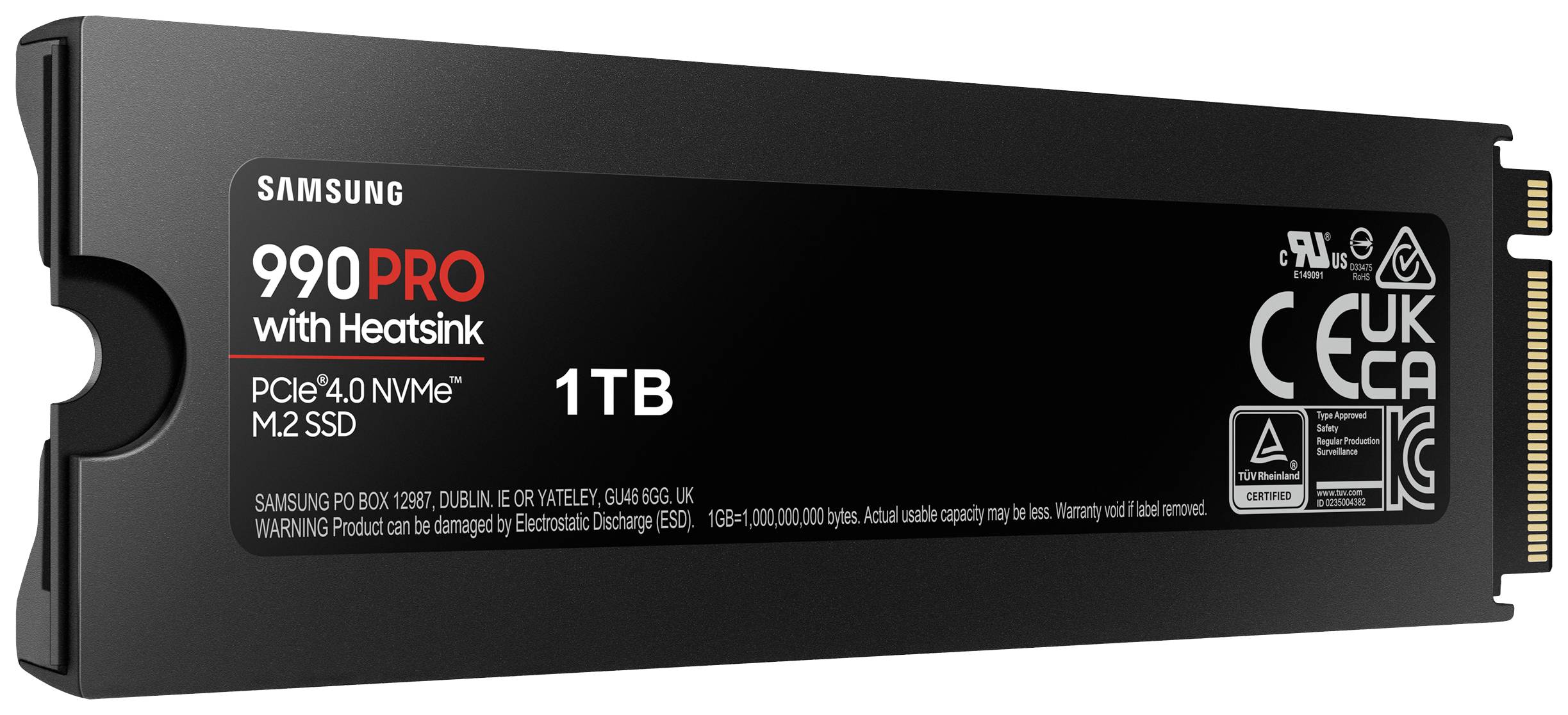 'Samsung SSD 990 PRO mit Kühlkörper, 1TB, PCIe 4.0 NVMe M.2' - Schwarzes Speichermodul mit technischen Informationen und Logos auf der Vorderseite.