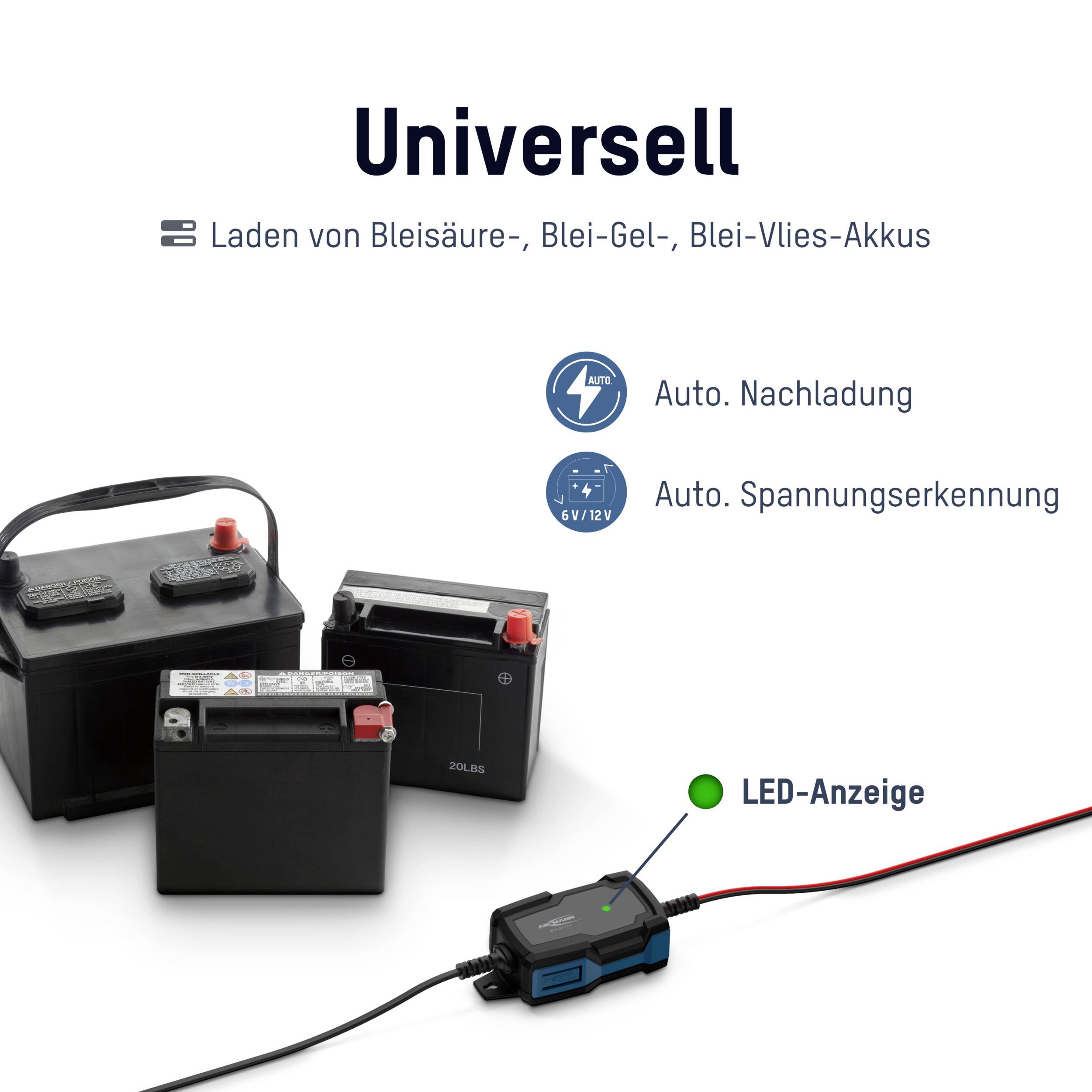 'Darstellung eines Batterieladegeräts. Es zeigt verschiedene Batteriearten und Funktionen wie Auto-Nachladung und Spannungserkennung.'