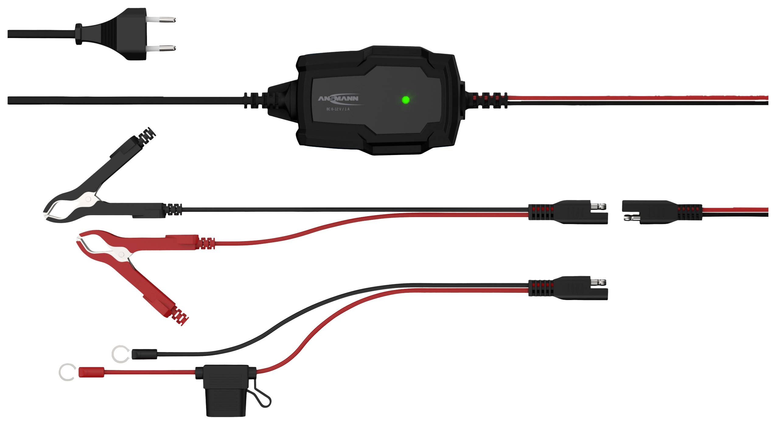 Ein Batterieladegerät mit mehreren Anschlüssen und einem grünen Licht zur Anzeige des Betriebsstatus. Enthält Klemmen und Kabel.