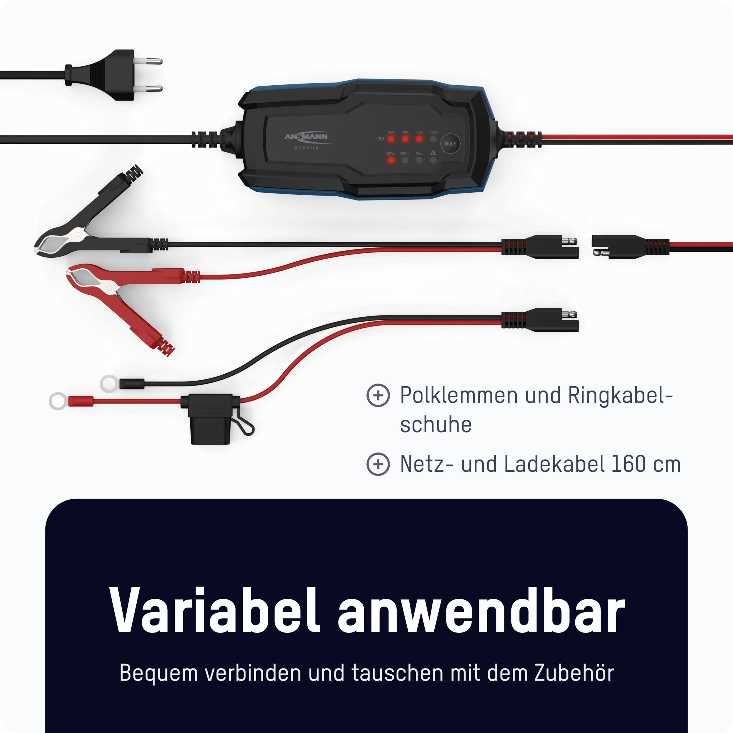 Ein Batterieladegerät mit Kabeln und Klemmen zur Verbindung mit Autobatterien. Text: 'Variabel anwendbar - Bequem verbinden und tauschen mit dem Zubehör'.