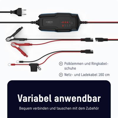 Ein Batterieladegerät mit Kabeln und Klemmen zur Verbindung mit Autobatterien. Text: 'Variabel anwendbar - Bequem verbinden und tauschen mit dem Zubehör'.