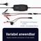 Ein Batterieladegerät mit Kabeln und Klemmen zur Verbindung mit Autobatterien. Text: 'Variabel anwendbar - Bequem verbinden und tauschen mit dem Zubehör'.