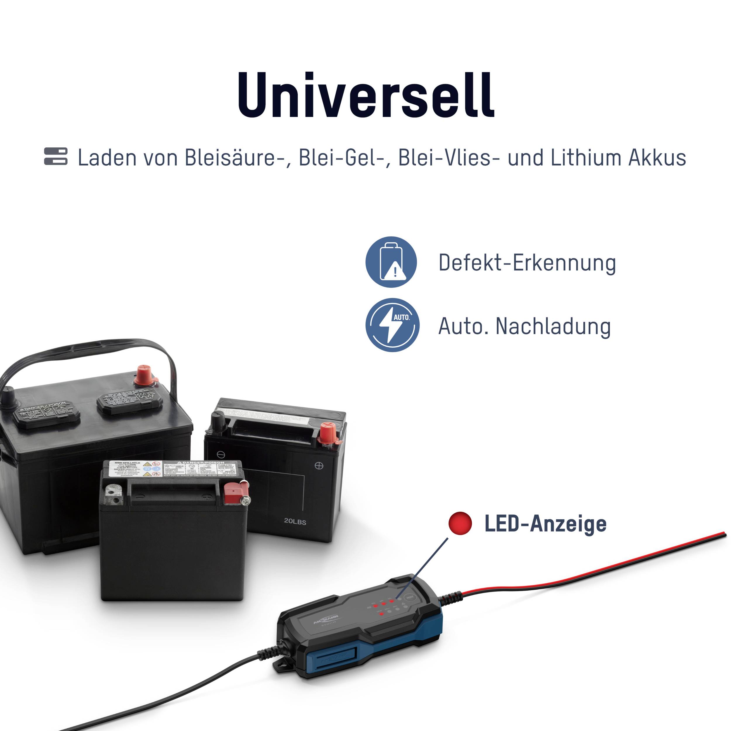 Gerät zur Erkennung von Defekten und automatischer Nachladung von Blei- und Lithium-Akkus, mit LED-Anzeige. Drei Akkutypen abgebildet.