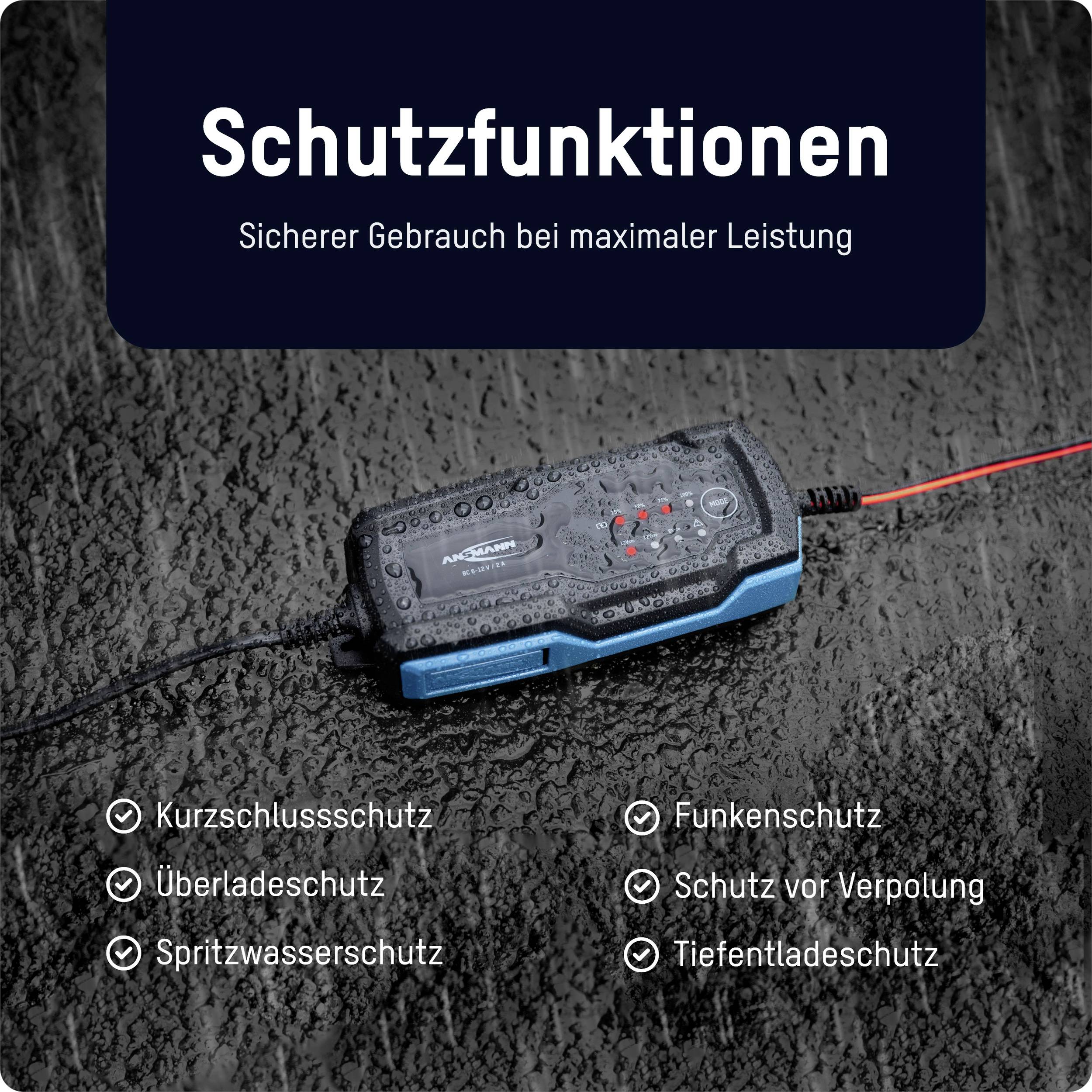 Wassertropfen auf einem Ladegerät, umgeben von Text: 'Schutzfunktionen - Sicherer Gebrauch bei maximaler Leistung'. Aufzählung mit Schutzarten.
