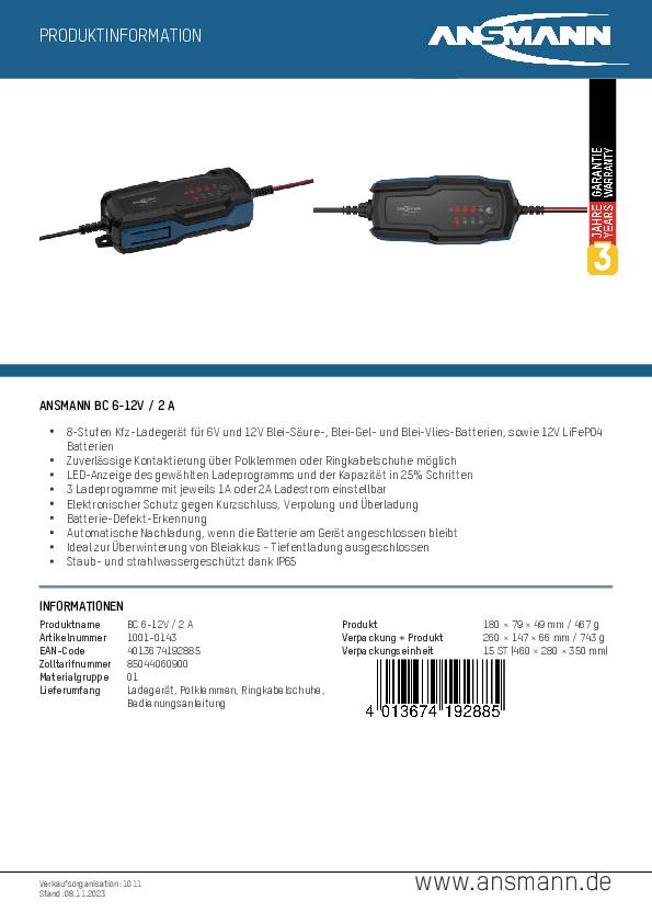 'Ladegerät ANSMANN BC 6-12V/2A für Blei-Säure, Blei-Gel, Blei-Vlies-Batterien. Datenblatt mit Spezifikationen und Funktionen.'