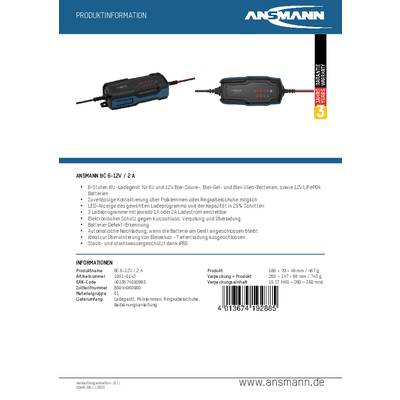 'Ladegerät ANSMANN BC 6-12V/2A für Blei-Säure, Blei-Gel, Blei-Vlies-Batterien. Datenblatt mit Spezifikationen und Funktionen.'