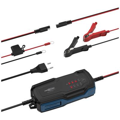 Batterieladegerät mit Kabeln und Klemmen zum Anschluss an verschiedene Batterietypen. LEDs zeigen den Ladestatus an.