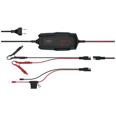 Ladegerät mit mehreren Kabeln und Anschlüssen, geeignet für verschiedene Batterieanschlussarten. Links Netzstecker, rechts Kabelanschlüsse.
