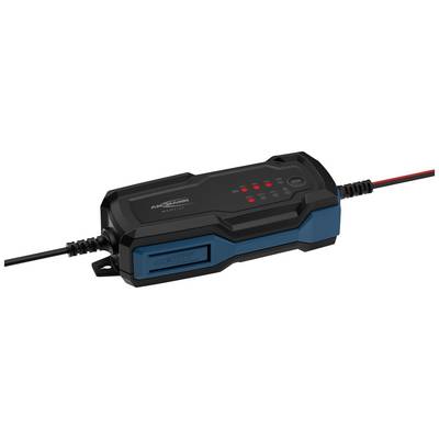 Schwarzes und blaues Batterieladegerät mit mehreren LED-Anzeigen auf der Oberseite, zwei angeschlossenen Kabeln.