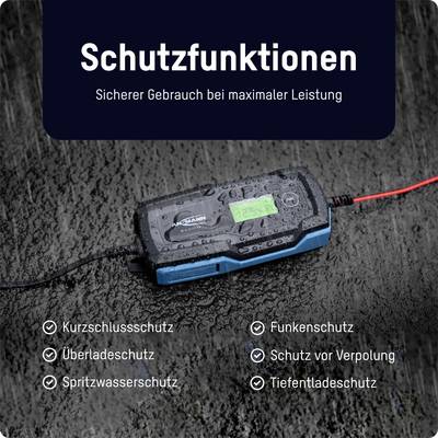 'Elektronisches Gerät mit Bildschirm, das auf einem nassen Untergrund liegt. Text oben: Schutzfunktionen, Sicherer Gebrauch bei maximaler Leistung.'