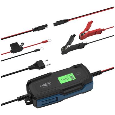 Batterieladegerät mit digitalem Display, das 14,6 V anzeigt. Enthält Kabel mit Klemmen und Adapter für verschiedene Batterietypen.