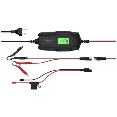 Ladegerät mit digitaler Anzeige von 14,6 Volt, Klemmen und Adapterkabeln. Geeignet zum Laden verschiedener Batterietypen.