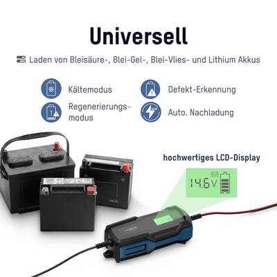 'Universell: Laden von Blei- und Lithium-Akkus. Mit Kältemodus, Regenerierungsmodus, Defekt-Erkennung. Hochwertiges LCD-Display.'