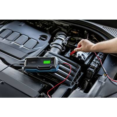 Eine Hand schließt ein Kabel eines Batterieladegeräts an eine Autobatterie an. Das Display des Ladegeräts zeigt 12,5V an.