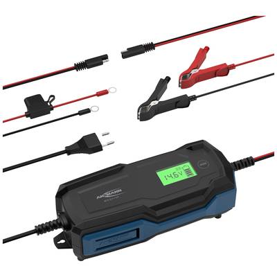 Ein Batterieladegerät mit digitalem Display und verschiedenen Anschlusskabeln. Zeigt die Spannung 14,6V an. Ideal zum Laden von Fahrzeugbatterien.