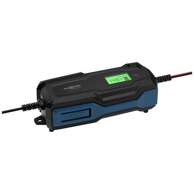 Ein kompaktes Batterieladegerät mit digitalem Display zeigt '14.6V'. Schwarzes Gehäuse mit blauen Akzenten, angeschlossene Kabel.