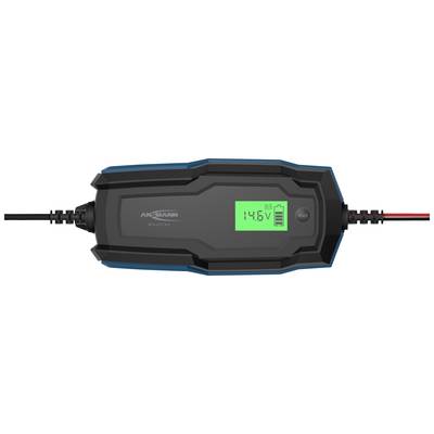 Batterieladegerät mit digitalem Display zeigt '14.6V' und Batteriesymbol. Gerät ist schwarz-blau mit zwei angeschlossenen Kabeln.