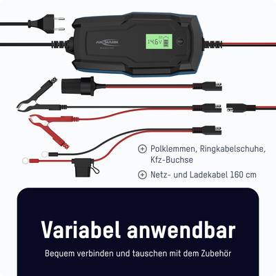 'Ladegerät mit Displayscreen, Kfz-Buchse, Netz- und Ladekabel. Variabel anwendbar, Kabel bequem verbinden und tauschen.'