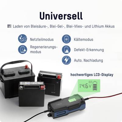 'Universell: Laden von Blei-Säure-, Blei-Gel-, Blei-Vlies- und Lithium-Akkus. Hochwertiges LCD-Display zeigt Ladezustand.'