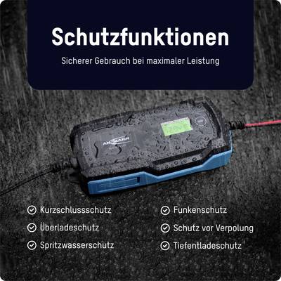 Ein Batterieladegerät mit Schutzfunktionen: Kurzschlussschutz, Überspannungsschutz, Spritzwasserschutz, Funkenschutz, Schutz vor Verpolung, Tiefentladeschutz.