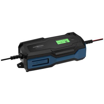 Ein schwarzes und blaues Batterie-Ladegerät mit digitalem Display, das eine Spannung von 14,6 V anzeigt.