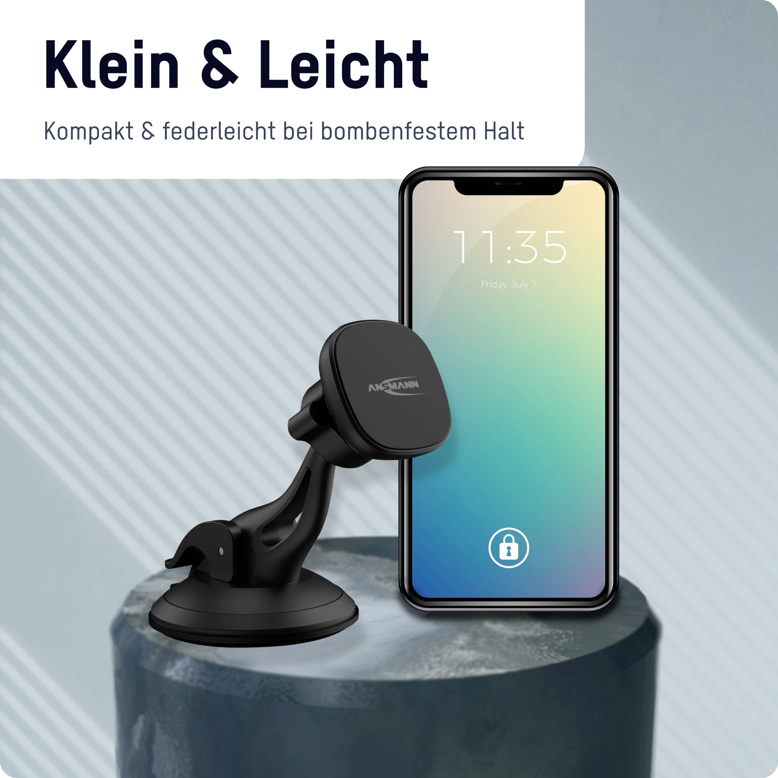 'Smartphone auf magnetischer Halterung, Text oben: Klein & Leicht. Kompakt & federleicht bei bombenfestem Halt.'