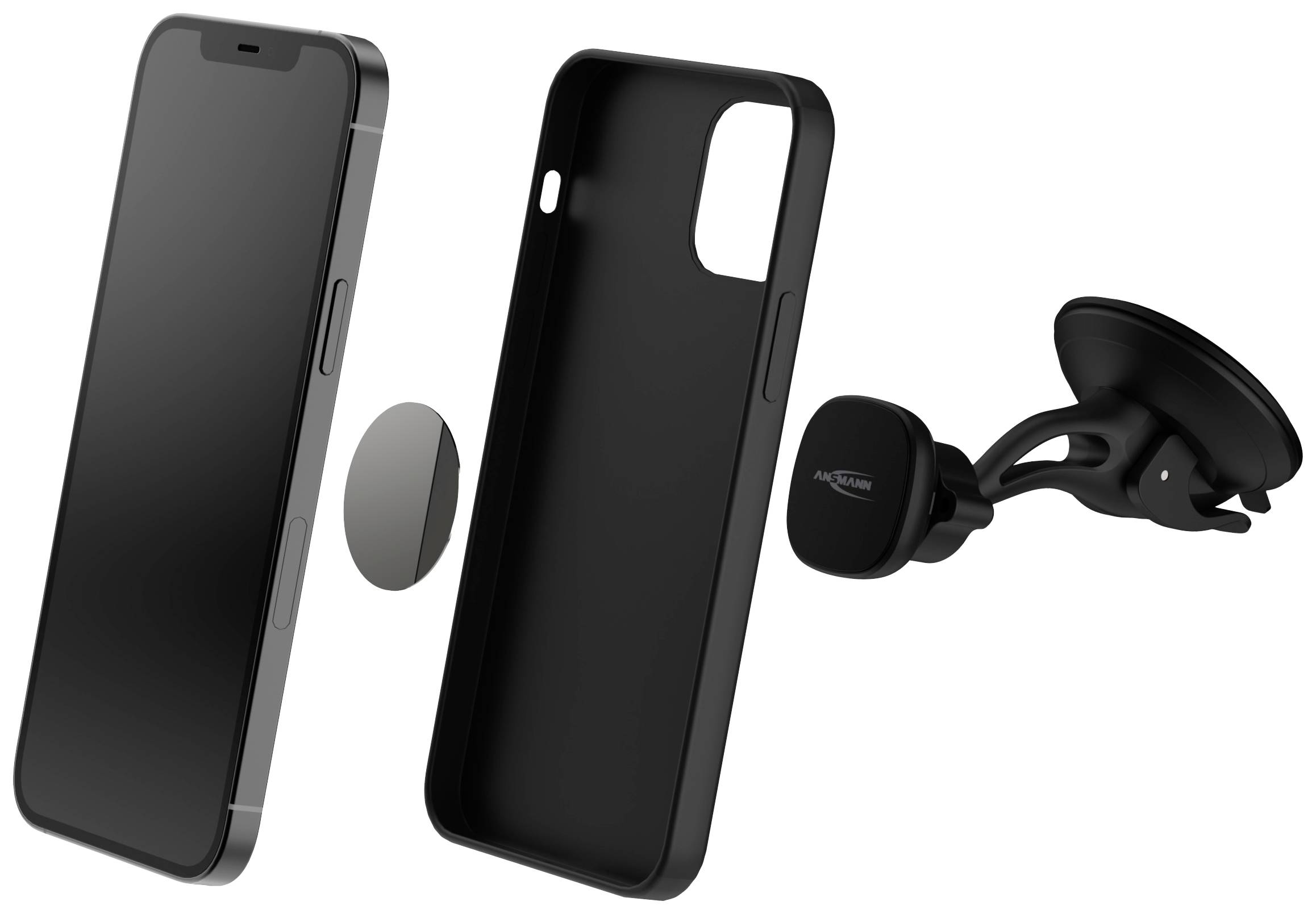 Ein Smartphone mit Hülle, rundem Metallplättchen und einer Autohalterung. Zeigt Zubehör zur Befestigung im Auto.