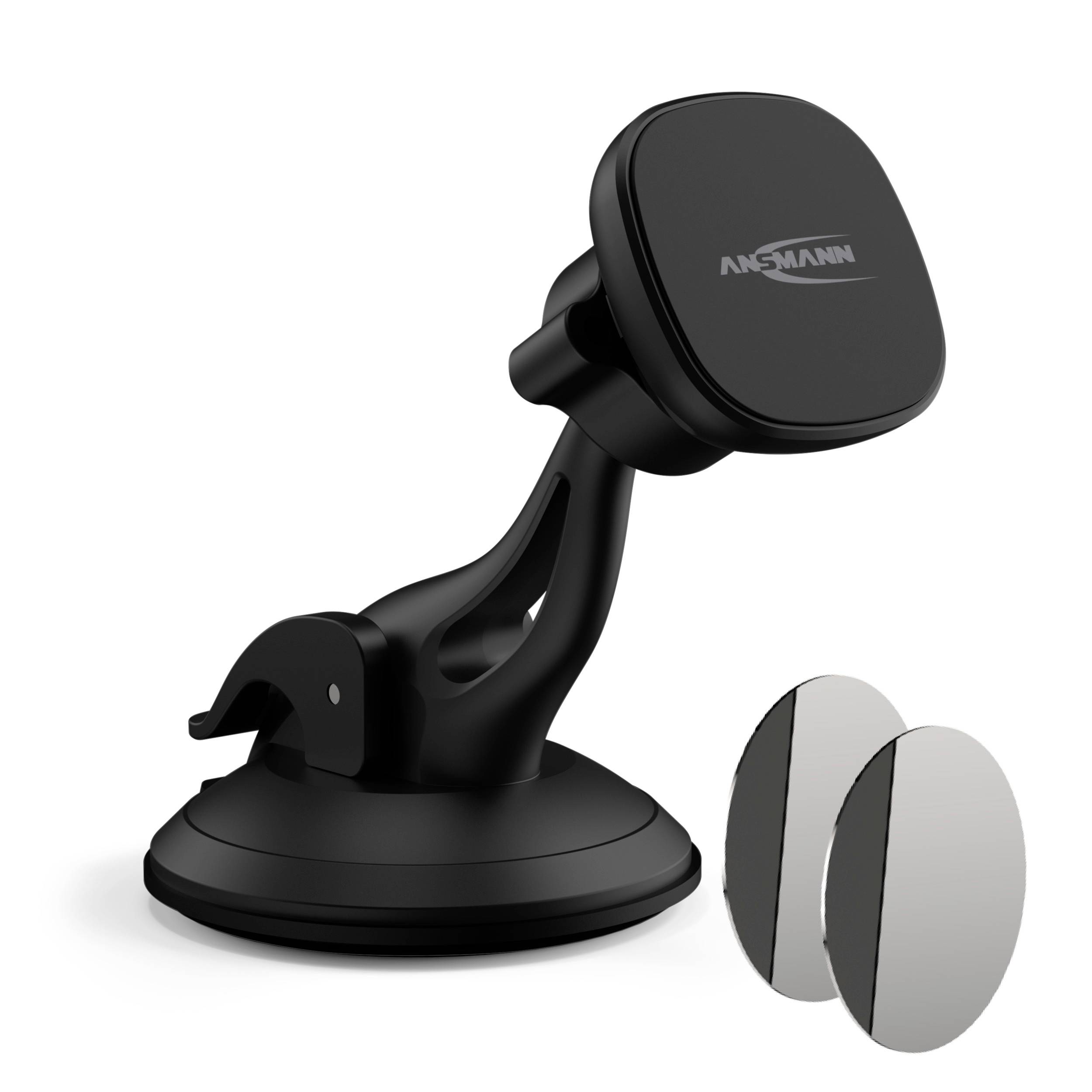 Eine schwarze Handyhalterung mit verstellbarem Arm und Saugnapf. Enthält zwei runde magnetische Platten zur Befestigung an Geräten.