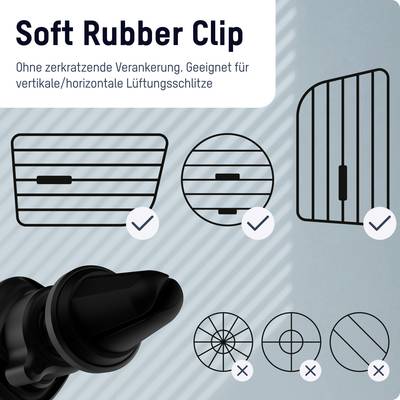 'Soft Rubber Clip' für Lüftungsschlitze. Geeignet für horizontale, vertikale und runde Schlitze. Keine Kratzer, stabiler Halt.