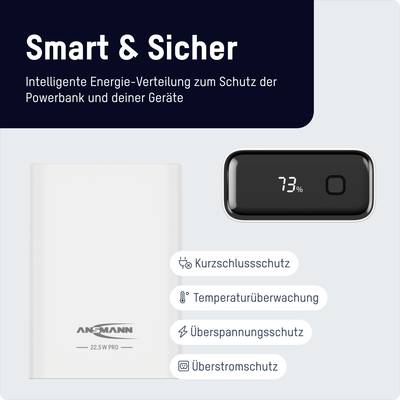 Smartphone-Powerbank mit 73% Ladung, bietet Schutzfunktionen wie Kurzschlussschutz und Temperaturüberwachung. Text: 'Smart & Sicher'.