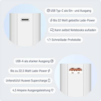 'USB Typ-C als Ein- und Ausgang, 22 Watt Ladeleistung, kann Notebooks aufladen. Unterstützt Huawei Supercharge, 4,5 Ampere Ausgang.'