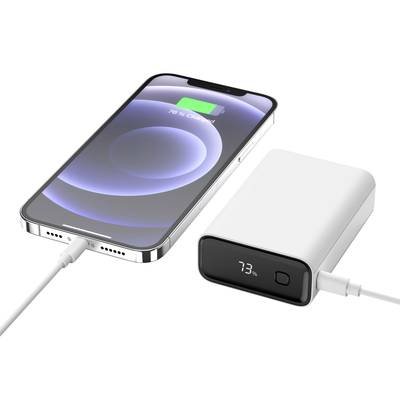 Smartphone wird über ein Kabel an eine Powerbank angeschlossen. Bildschirm zeigt Ladestatus 76%. Powerbank zeigt verbleibende Energie 73%.