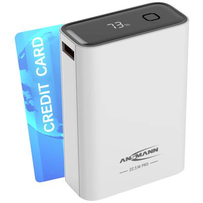 Powerbank im Kreditkartenformat, zeigt 73% Ladestand auf Display an, Marke Ansmann, Modell 22.5W Pro.