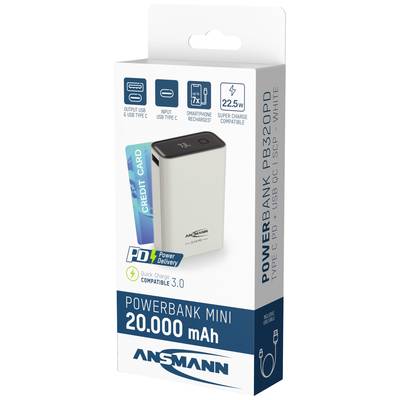 Kleine Powerbank von Ansmann mit 20.000 mAh Kapazität, USB-C und USB-Anschluss, geeignet zum Aufladen von Smartphones; weißes Gehäuse.