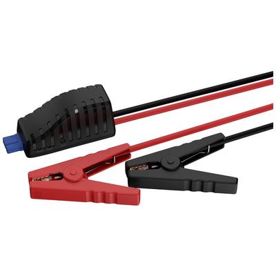Rote und schwarze Überbrückungskabel mit Klemmen für den Anschluss an eine Autobatterie, symbolisieren Fahrzeugstarthilfe.