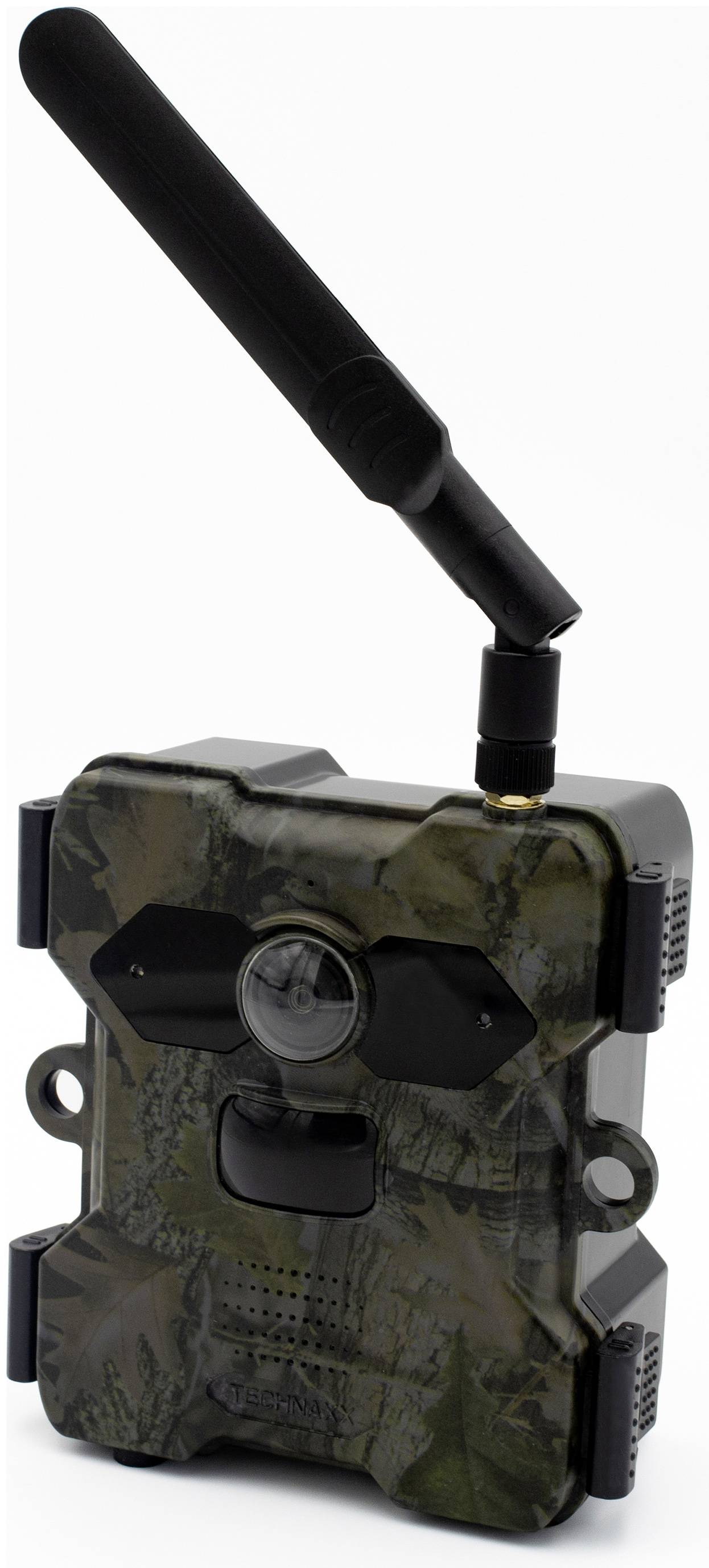 Jagd-Überwachungskamera in Tarnfarbe mit Antenne, geeignet für Wildtierbeobachtungen in der Natur.