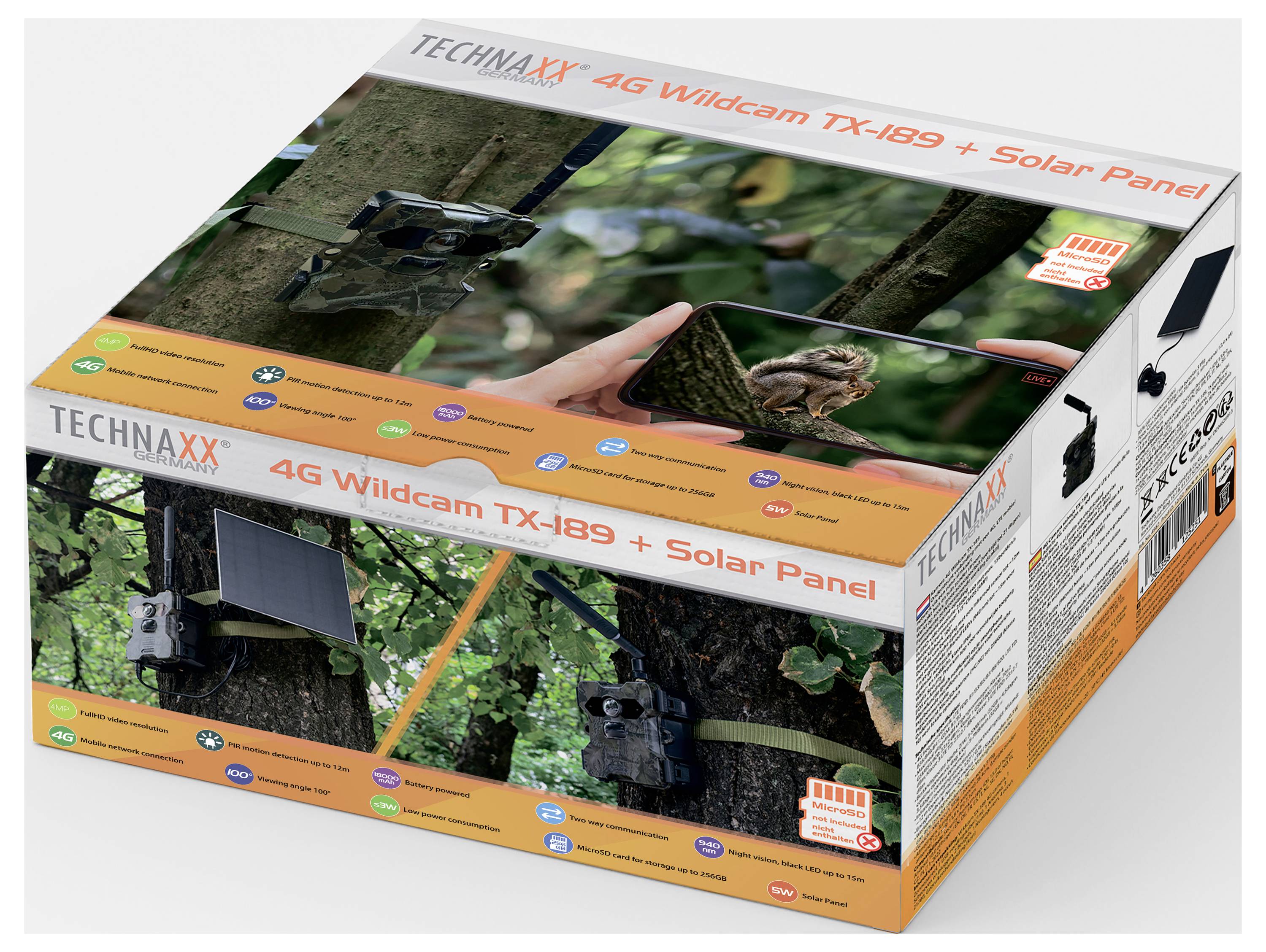 Verpackung der 'Technaxx 4G Wildcam TX-189 + Solar Panel' mit Bildern der Kamera an einem Baum, einem Solarpanel und einer Eule.