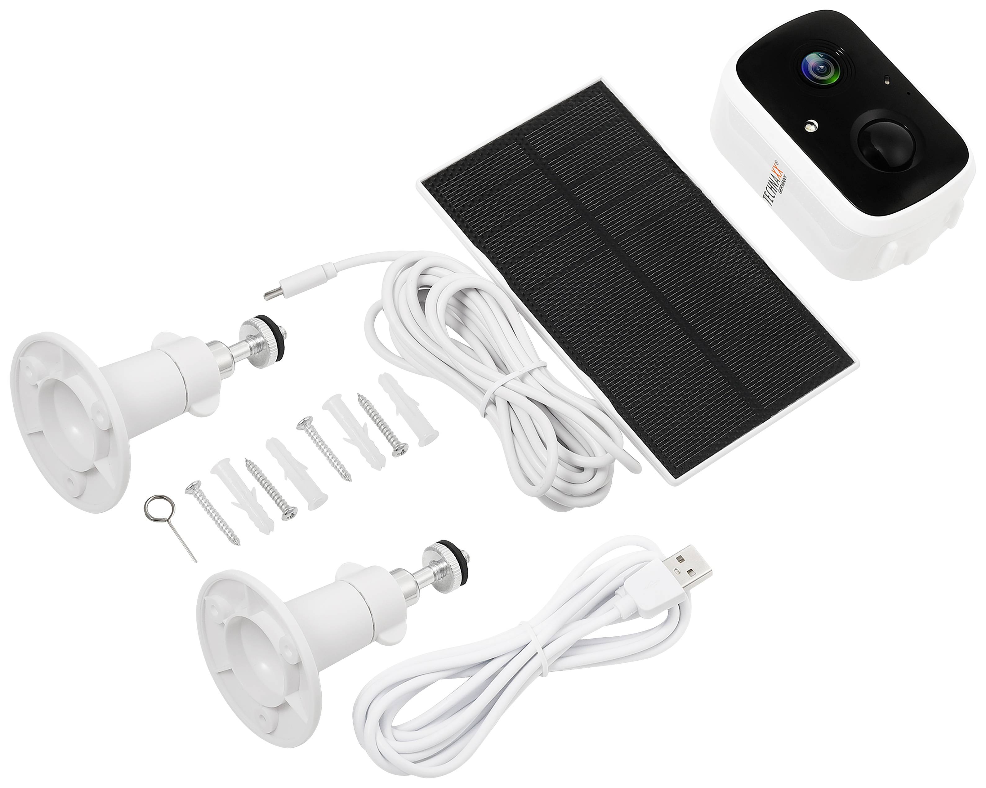 Enthalten ist ein Überwachungskamera-Set mit zwei Halterungen, Solarpanel, Kabeln und Befestigungsmaterial. Ideal für Außenüberwachung.