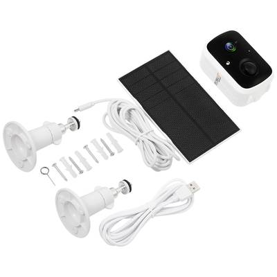 Enthalten ist ein Überwachungskamera-Set mit zwei Halterungen, Solarpanel, Kabeln und Befestigungsmaterial. Ideal für Außenüberwachung.