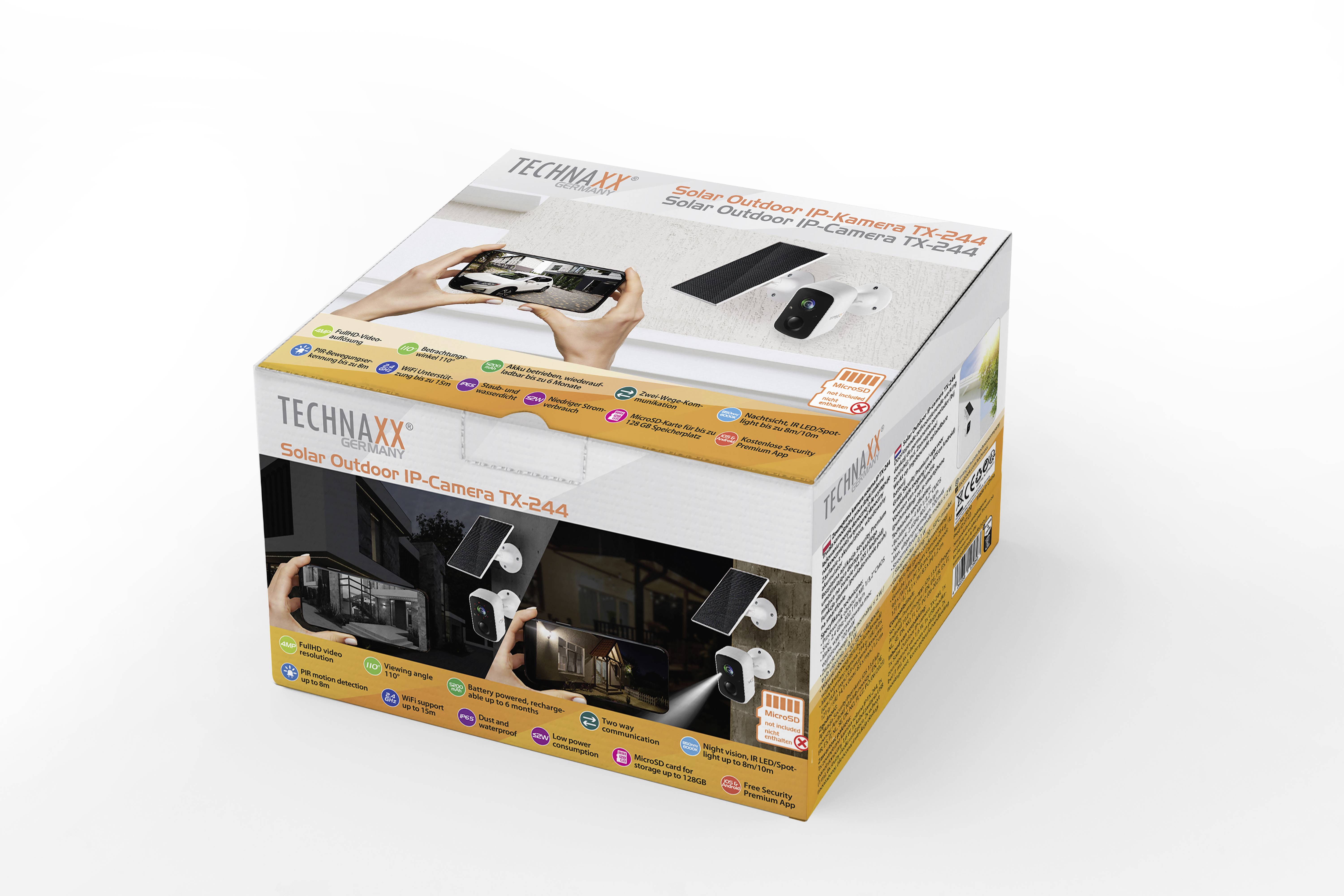 Verpackung einer TechNaxx Solar Outdoor IP-Kamera TX-144 mit Abbildungen der Kamera-Anwendung und technischen Details auf der Box.