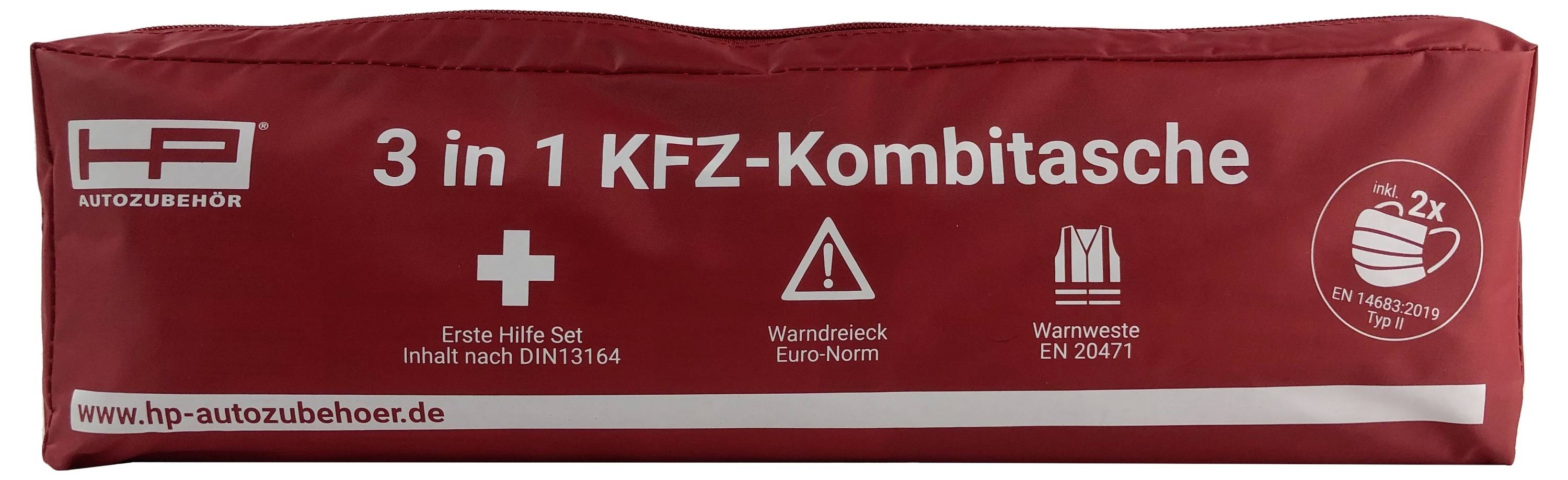 'Rote 3-in-1 KFZ-Kombitasche mit Erster Hilfe, Warndreieck und Warnweste. Enthält Symbole für Inhalt und Normen.'