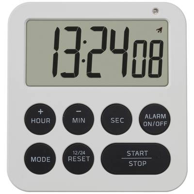 Ein weißer digitaler Küchentimer zeigt '13:24:08'. Er hat Tasten für Stunde, Minute, Sekunde, Alarm, Start/Stopp und Modus.