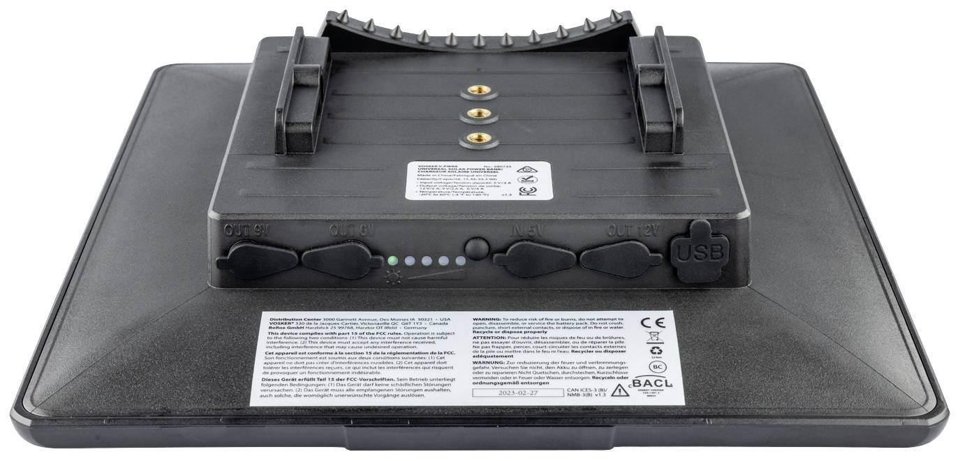 Hinterseite eines Monitors mit Befestigungshalterung, USB-Anschluss und Beschriftungen.